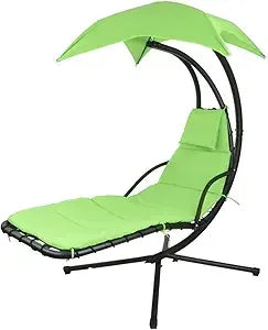 Patio Hanging Chaise Outdoor Lounger Padded Cushion Swing Hammock Chair w/Sun Shade Canopy Umbrella Stand [Orange]