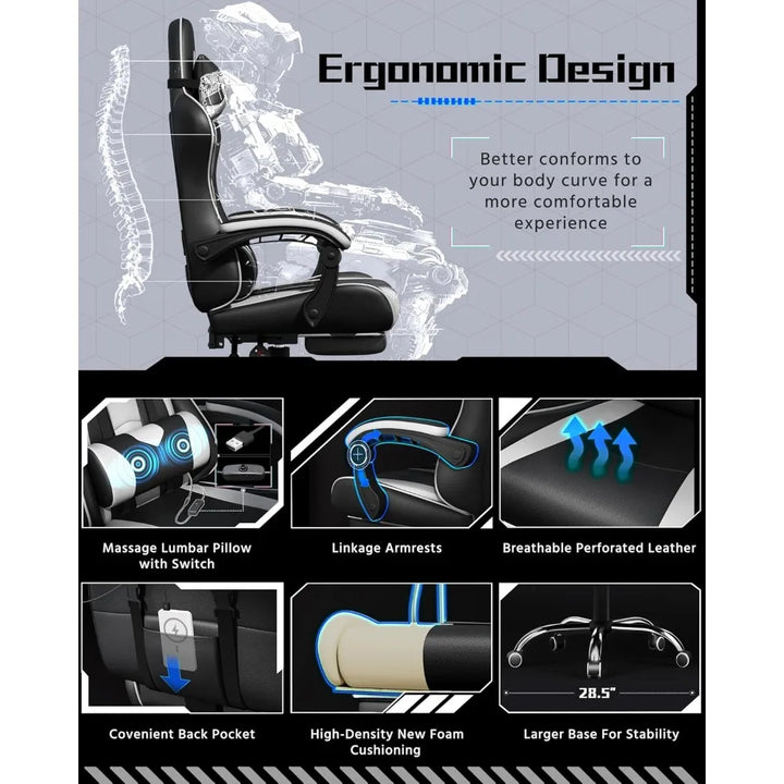 Ergonomic Gaming Chair with Swivel Seat&Headrest, Adjustable Video Game Chair with Massage Lumbar Support and Footrest Height