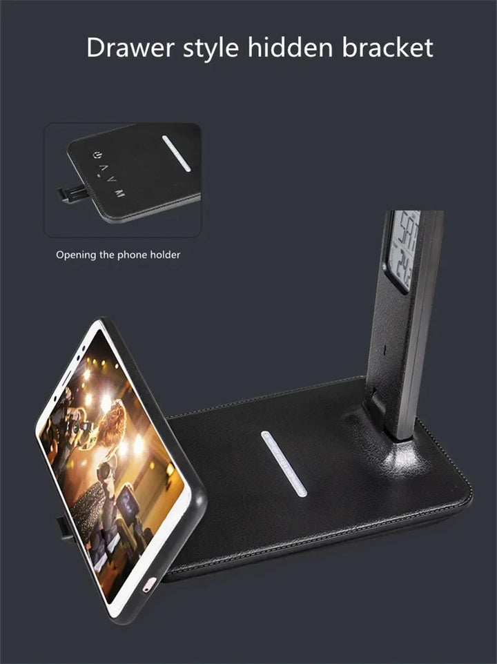 Wireless Charger Pad USB Fast Charging Station LED Desk Lamp Temperature Alarm Clock Eye Protect Study Business Light Table Lamp