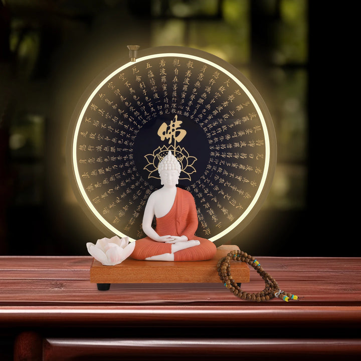 Ceramic Meditating Figurine for Home Décor with Circle LED Lamp – Decorative Sculpture