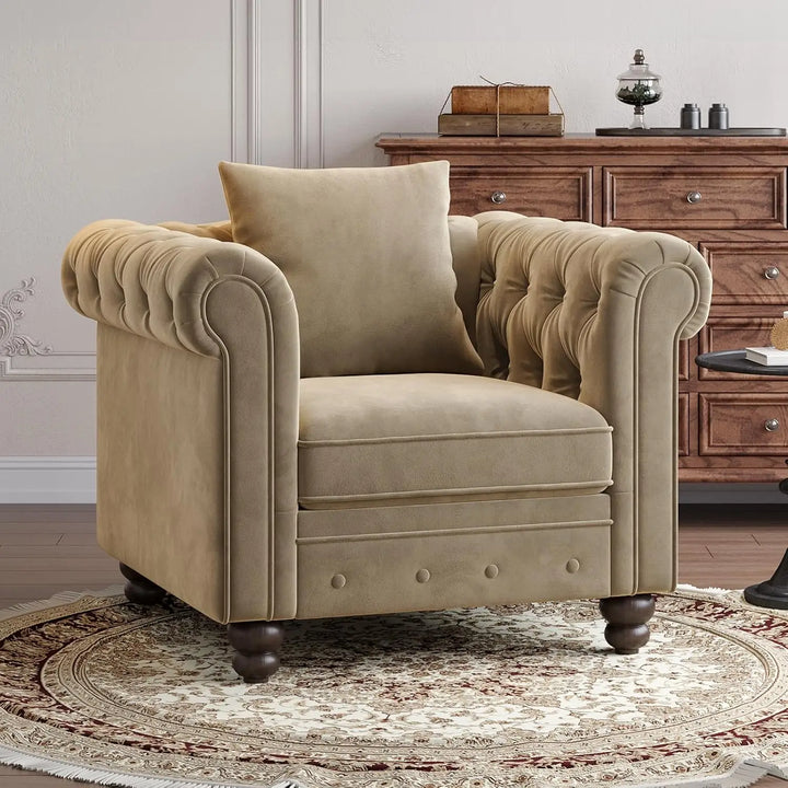 Vintage-Style Comfortable Button-Tufted Chesterfield Club Chair with Rolled Arms and Pillow for Living Room