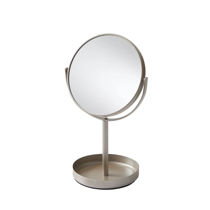 Satin Nickel Dual Sided Vanity Mirror 360 Degree Swivel Durable Metal Freestanding Magnifying Bathroom Makeup Cosmetic Makeup