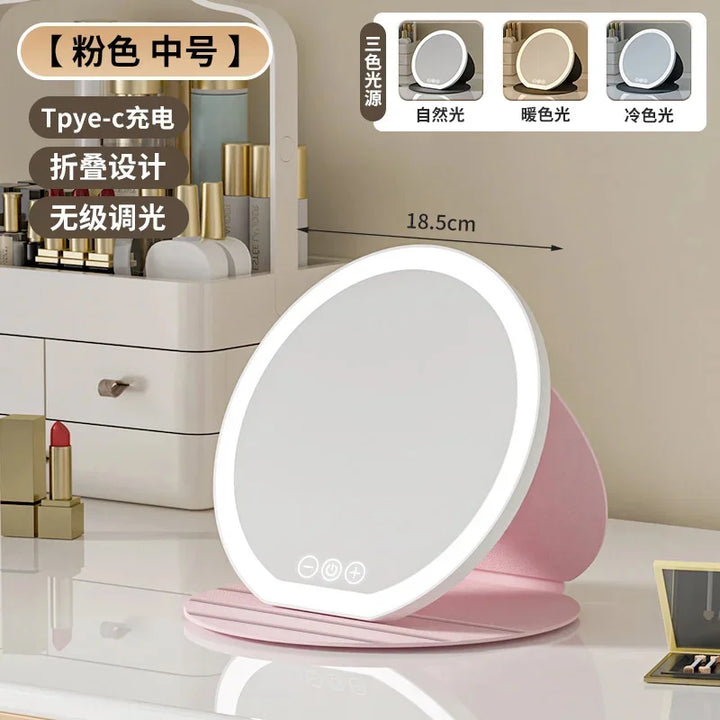 3 Colors Dimmable LED Makeup Mirror With Touch Screen Fold Cosmetic Makeup Mirror Rechargeable Tabletop For Travel & Home Use