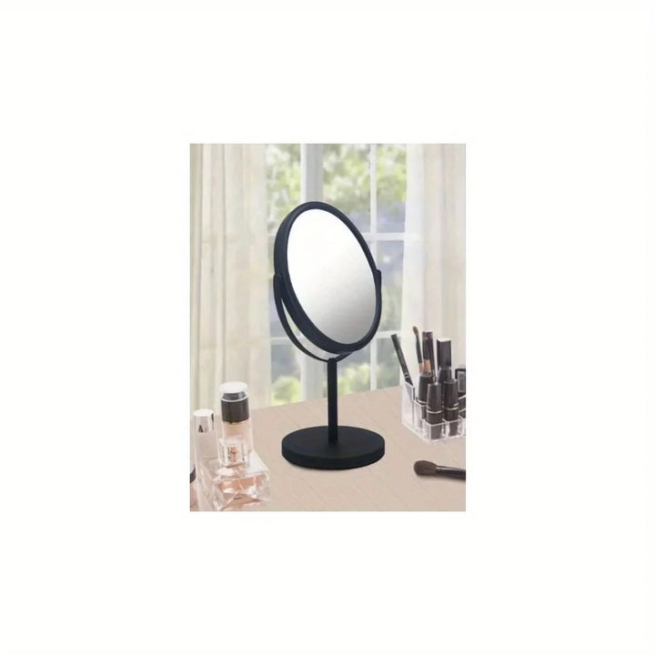 Round Two Sided 5X Black Framed Freestanding Makeup / Shaving Mirror