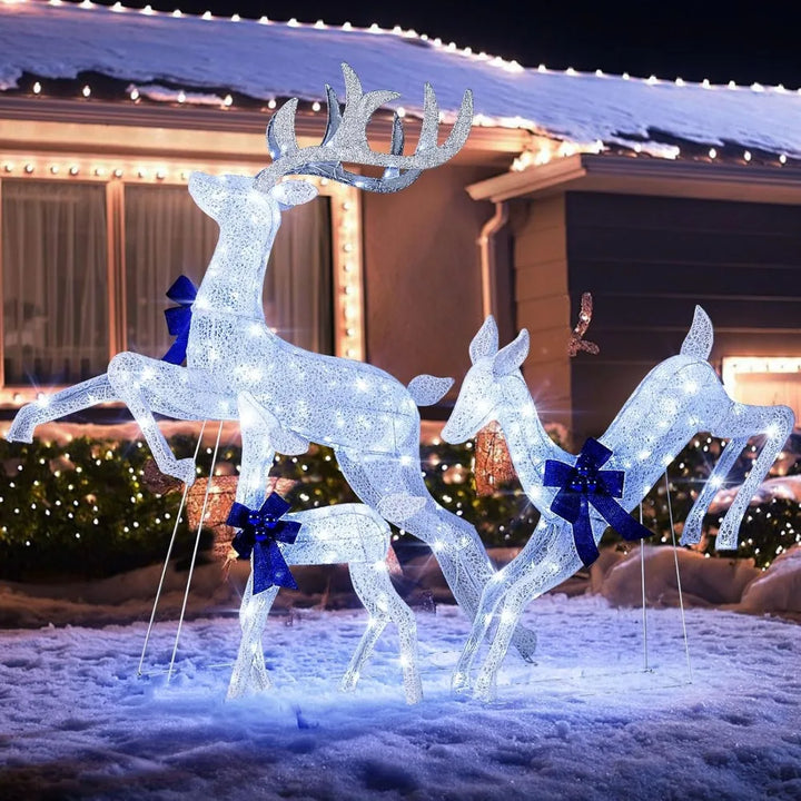 3 Pieces Lighted Christmas Reindeer, Holiday Reindeer Family Set with 255 Cold White Lights, Stakes, Indoor Outdoor Lighted Chr