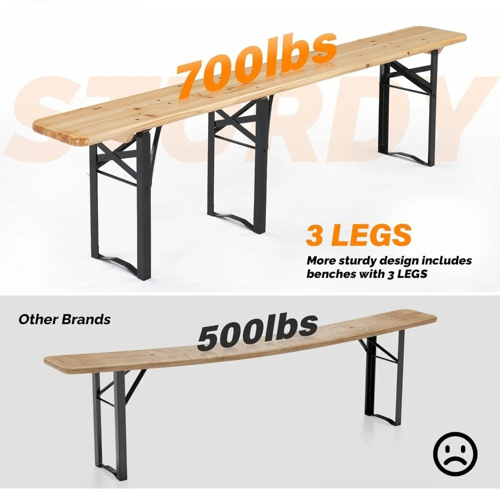 70 Inch Folding Picnic Tables with Benches Set, Weather-Resistant Wooden Beer Garden Table Bench, 3-Piece Portable