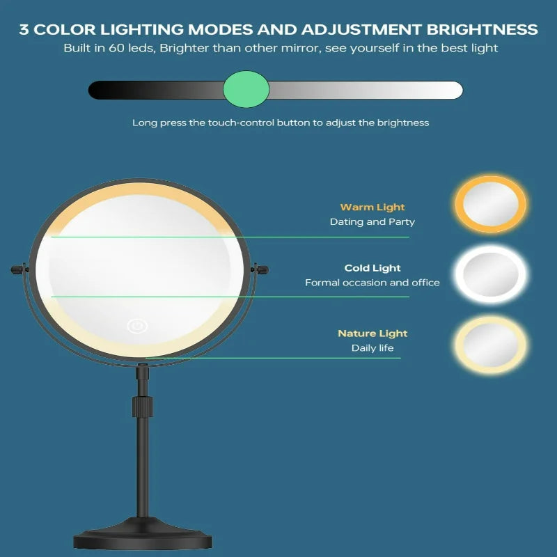 Adjustable Height Elegant Chrome Finish Lighted Vanity Mirror with 1X 10x Magnification, Dimmable Brightness, and Rechargeable 5