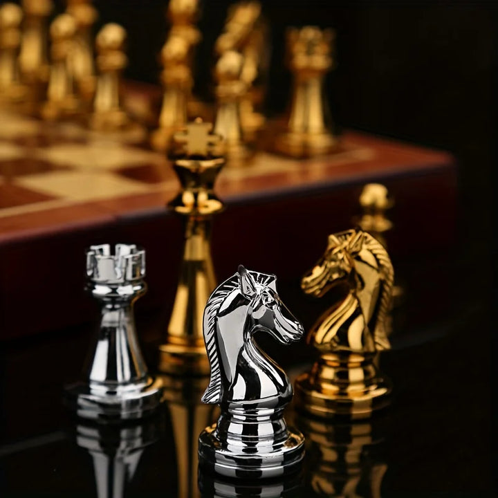 39cm Luxury Solid Wood Chess Set  Weighted Zinc Alloy Pieces, Folds for Easy Storage, Perfect Holiday Gift for Halloween Thanks