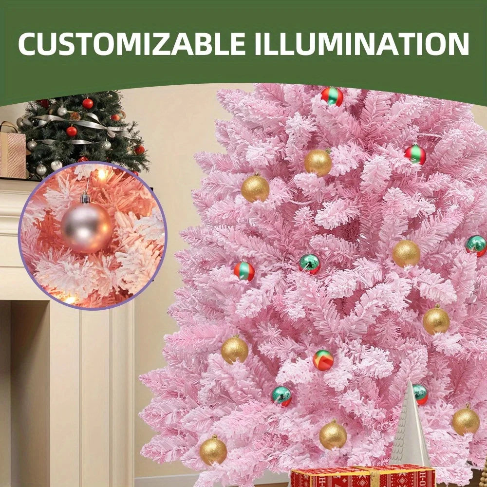 4.5ft Pre-Lit Pink Artificial Christmas Tree, Flocked Spruce Artificial Christmas Tree with 400 PVC Tips and 200 Lights, Pink