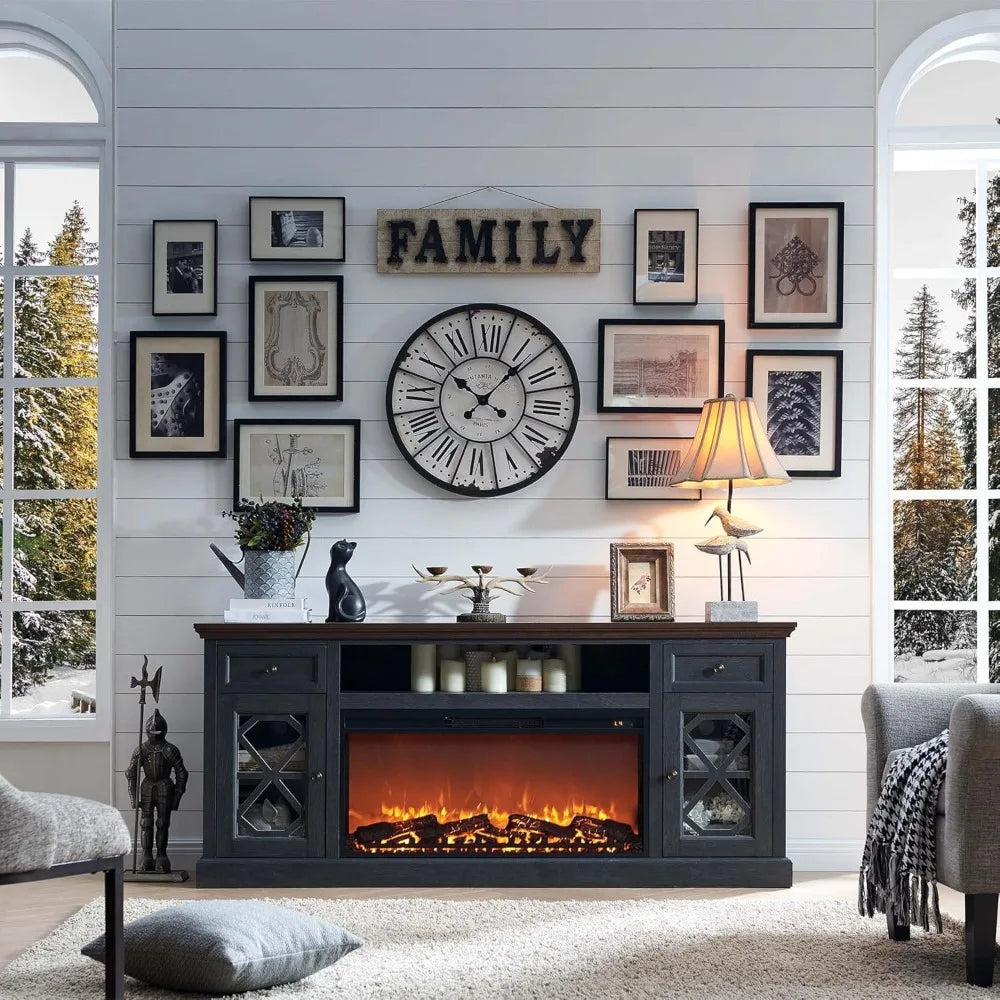 Farmhouse Fireplace TV Stand with 36" Electric Fireplace for 80 Inch TVs, 31" Tall Entertainment Center w/Drawer & Diamond Panel