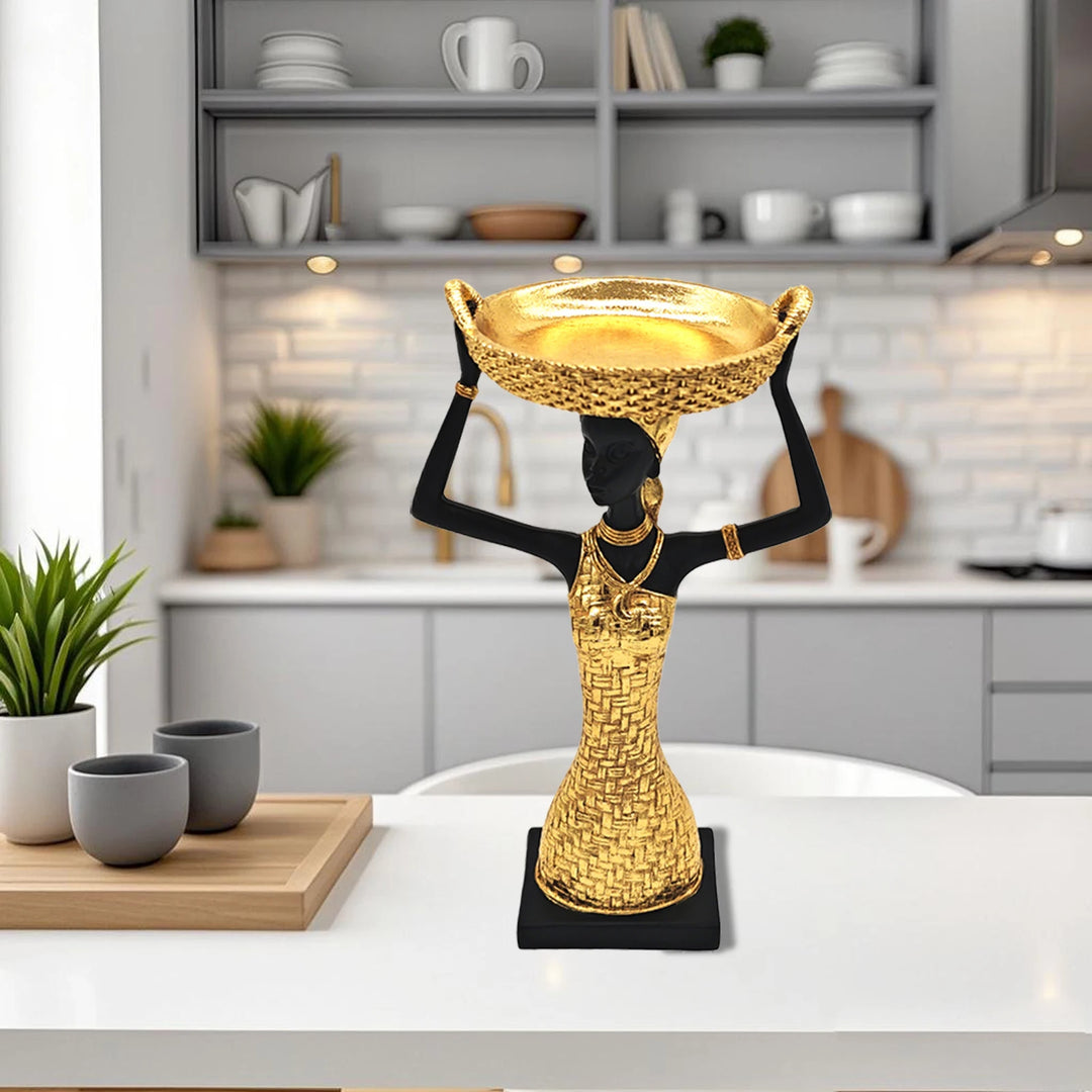 African Art Statue - 11.3" Figure Sculpture with Storage Tray,African Gold Lady Home Decor,for Living Room Figurines Decorations