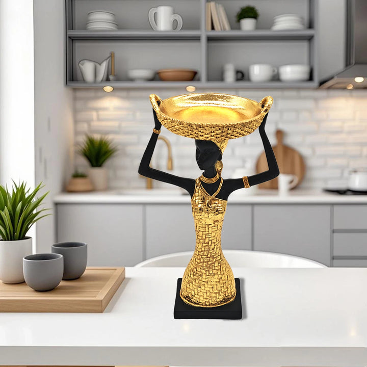 African Art Statue - 11.3" Figure Sculpture with Storage Tray,African Gold Lady Home Decor,for Living Room Figurines Decorations