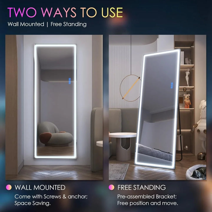 RGB LED Mirror, Full Length Mirror with Lights, 63 X 22 Floor Standing Mirror, Wall Mount Full Body Lighted Mirror, Stand