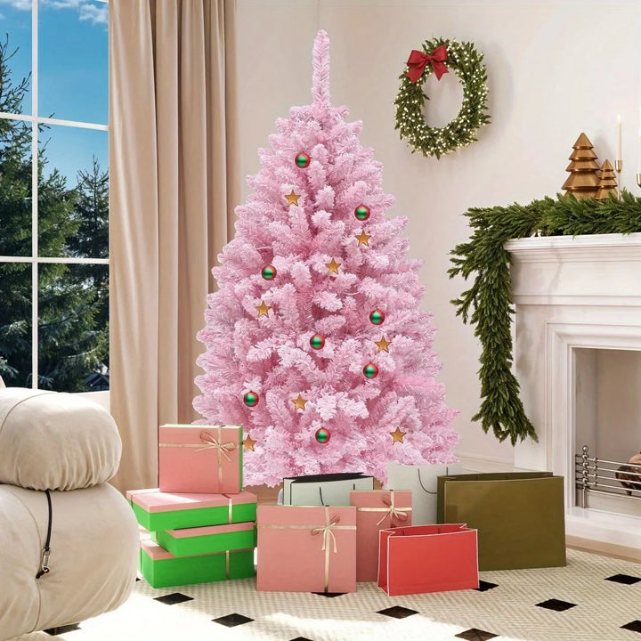 4.5ft Pre-Lit Pink Artificial Christmas Tree, Flocked Spruce Artificial Christmas Tree with 400 PVC Tips and 200 Lights, Pink