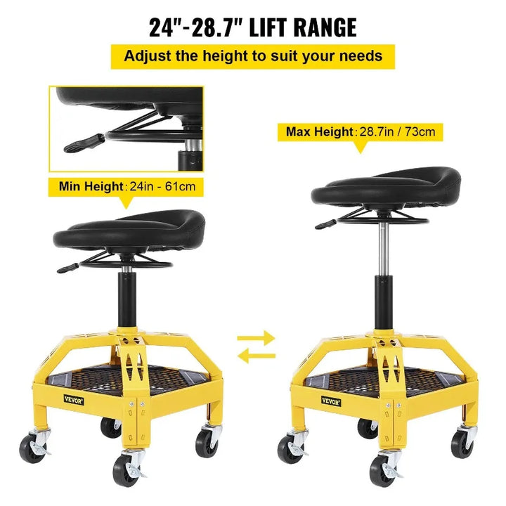 Rolling Garage Stool 300LBS Capacity Adjustable Height from 24 in to 28.7 in Mechanic Seat with 360degree Swivel Wheels and To