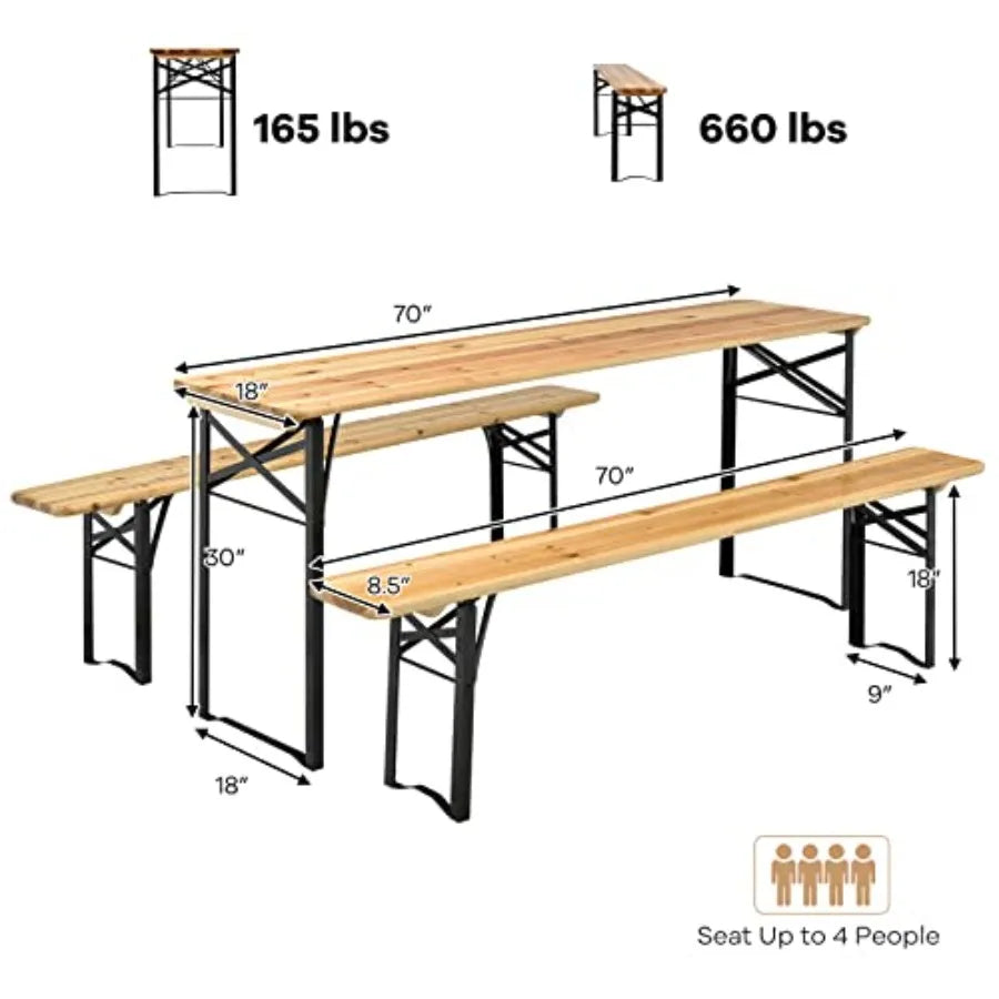 Foldable Picnic Table with Benches 3Piece 70 Portable Beer Garden Table with Sturdy Steel Frame Folding Wooden Picnic Tables f