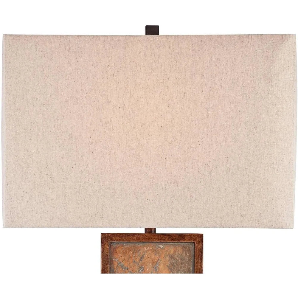 Nightstand, Modern Rustic Style Table Lamps 30" Tall Set of 2 Natural Slate Stone Dark Bronze Rectangular Box Shade Decor