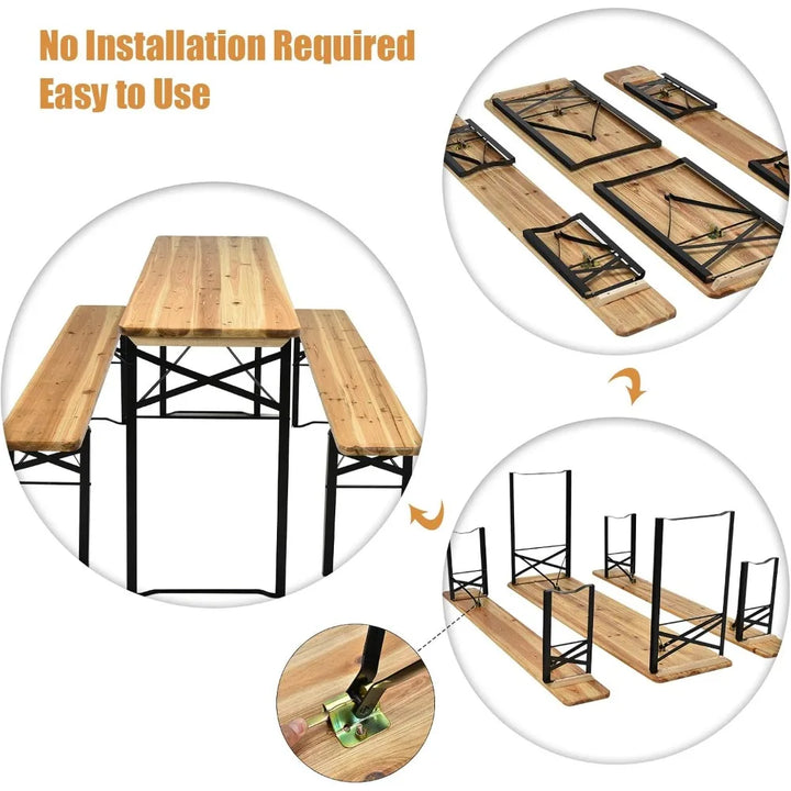 70” 3-Piece Portable Folding Picnic Table Bench Set, Portable Picnic Beer Table w/Wooden Tabletop, Outdoor Foldable