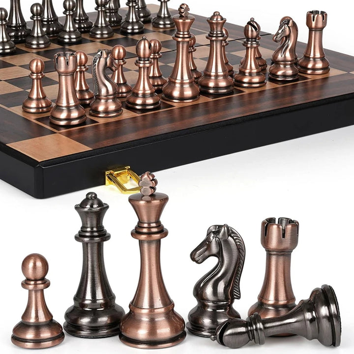 High end metal chess pieces, 38cm/15 inches, ebony wooden chessboard, providing foldable classic games for chess enthusiasts