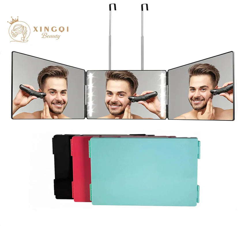 Rectangle trifold vanity mirror led lighted adjustable hair cutting  3 way salon hairstyling mirror for self hair cutting 360