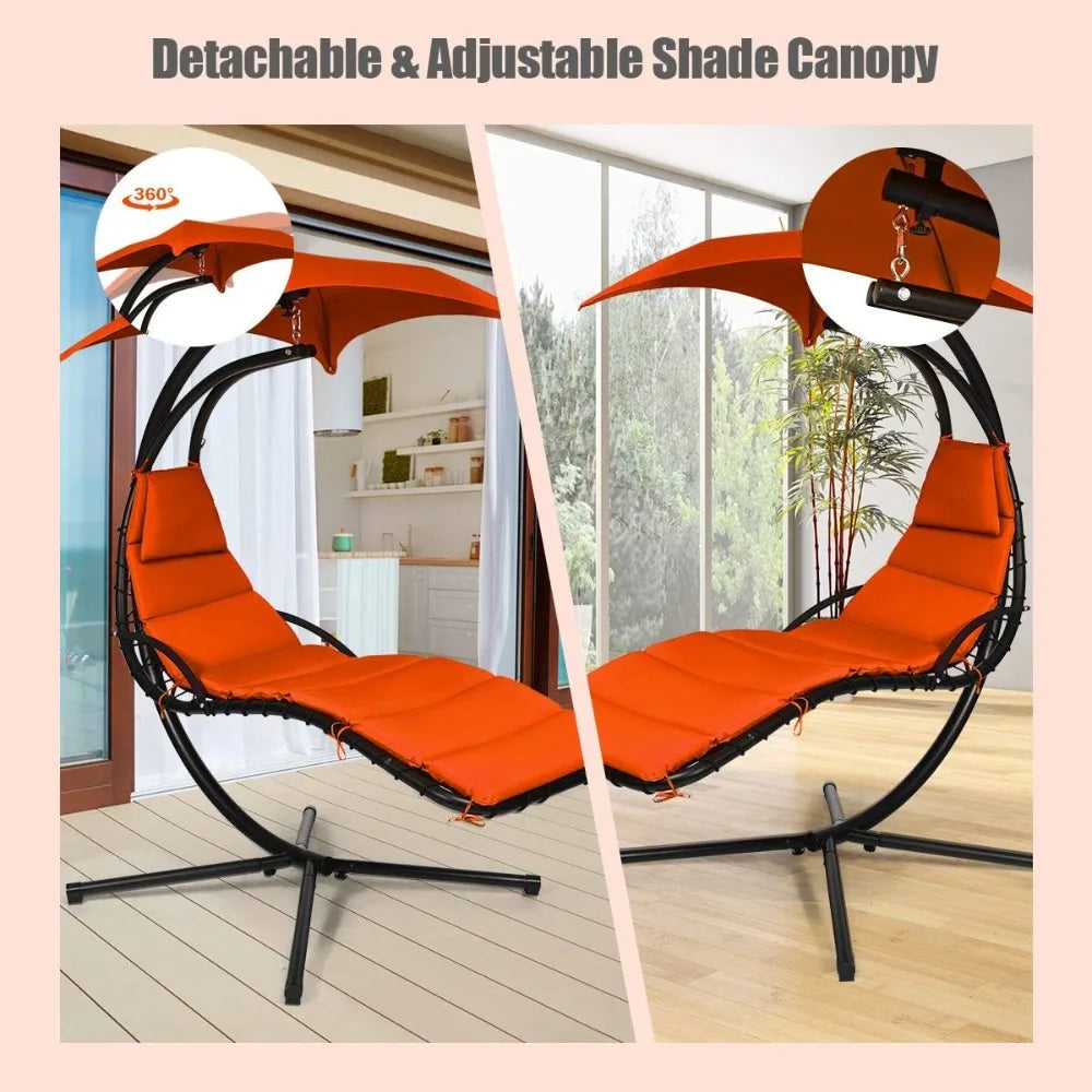 Hanging Chaise Lounger Chair, Arc Stand Porch Swing Chair W/Canopy, Cushion Built-in Pillow, Freestanding Swing Hammock Chair