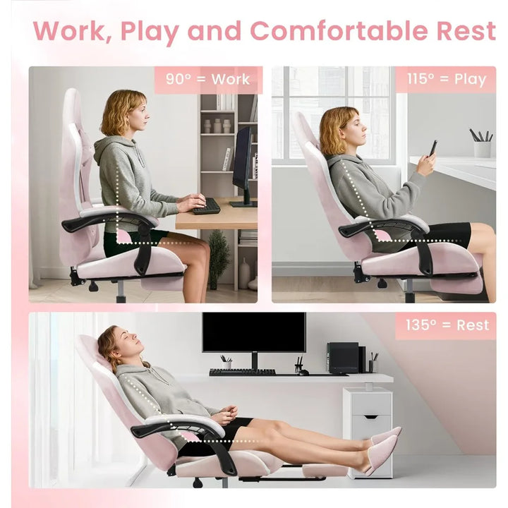 Video Gaming Chair Office Computer Desk Use Ergonomic Reclining Backrest Adjustable Armrests Lumbar Support Footres