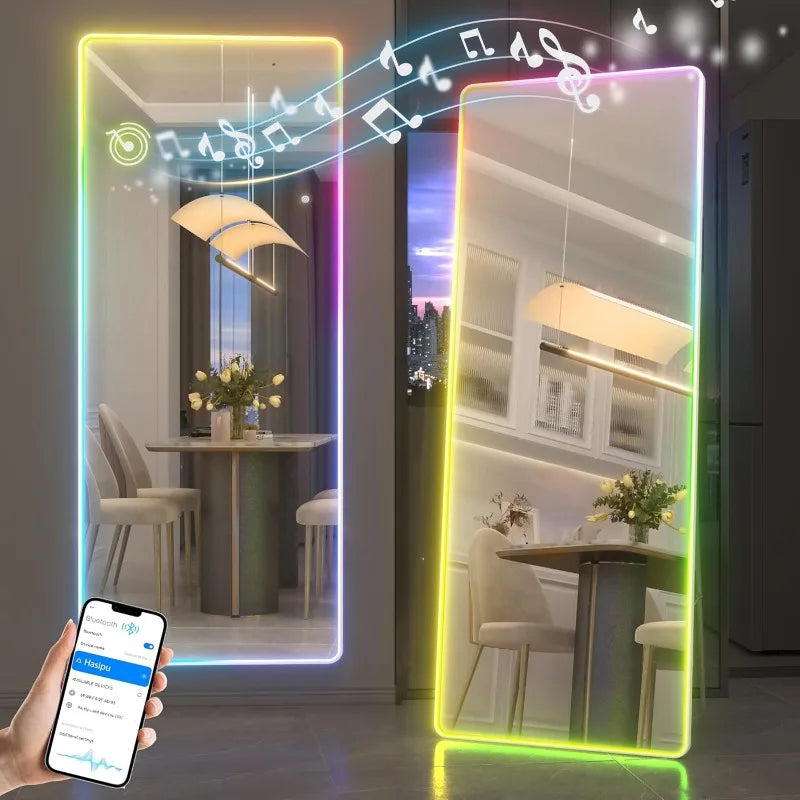 73"x28" LED Full Length Mirror with Stand, Full Body Mirror with Bluetooth Speaker, Light up Floor Mirror, Wall Mirror Fu