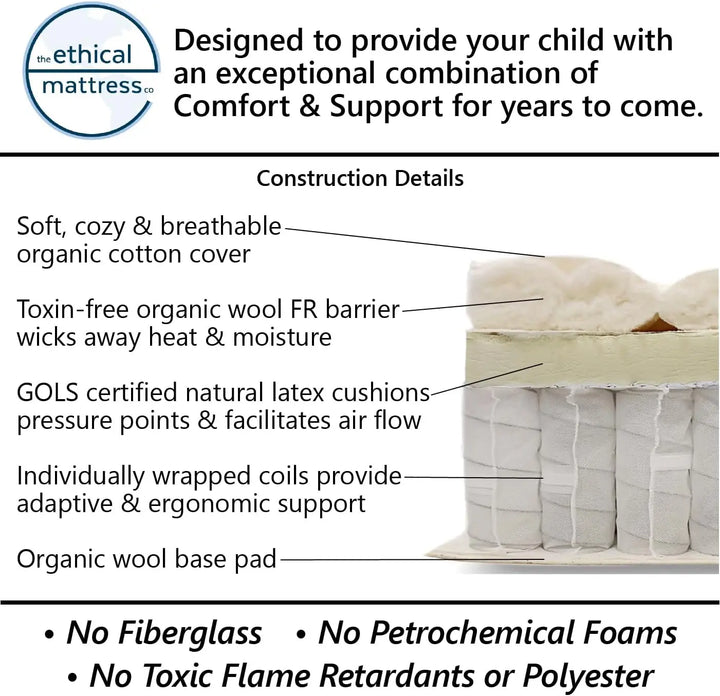 6" Kid’s Mattress Toxin-Free Made in The USA with Organic Cotton Wool Latex Pocketed Coils Bed-in-a-Box ; Perfect for bunk beds