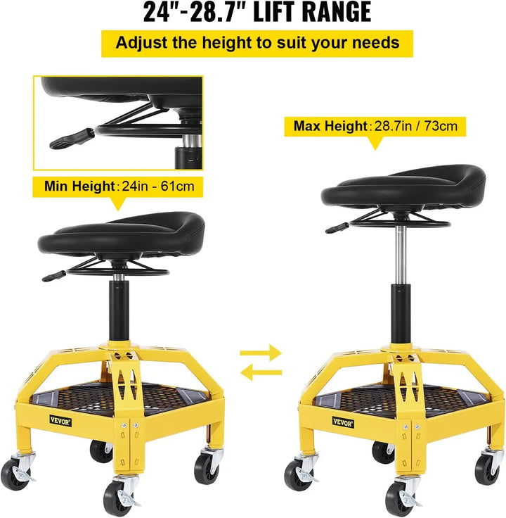 Rolling Garage Stool, 300LBS Capacity, Adjustable Height from 24 in to 28.7 in, Mechanic Seat with 360-degree Swivel Wheels