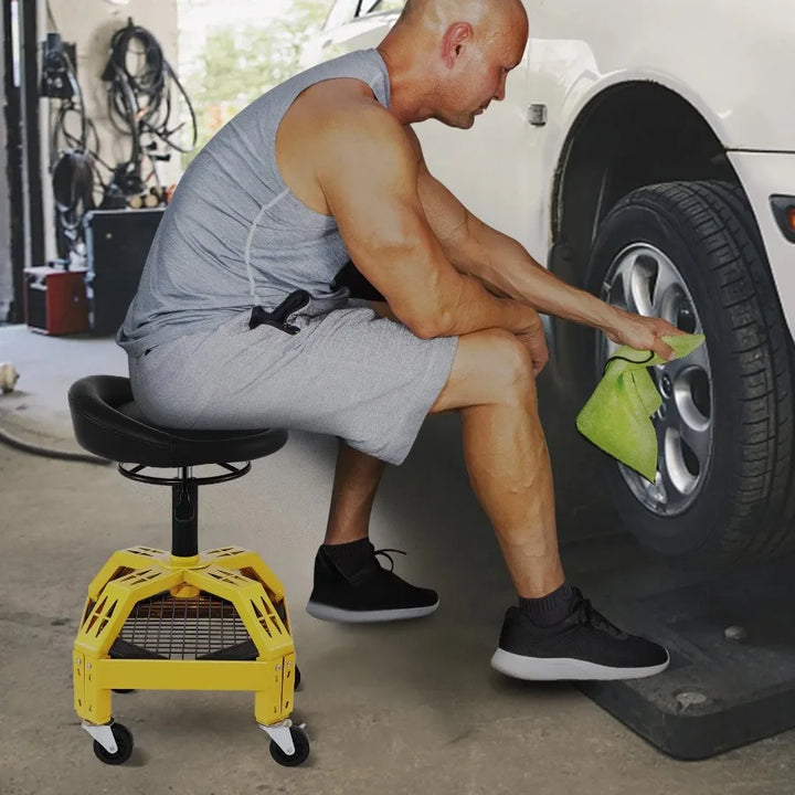 Rolling Garage Stool 300LBS Capacity Adjustable Height from 24 in to 28.7 in Mechanic Seat with 360degree Swivel Wheels and To