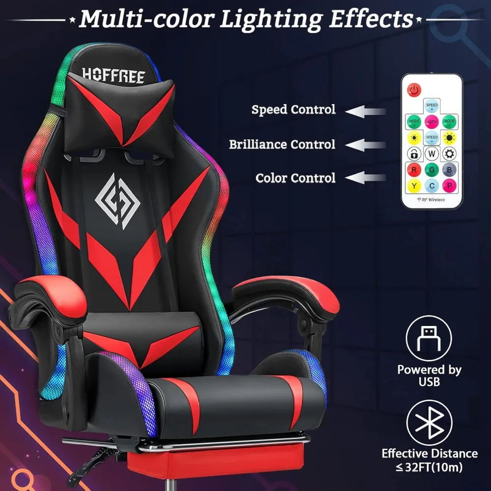 Ergonomic Gaming Chair with Built-in Speakers, LED Lights, Massage, and Footrest for Adults