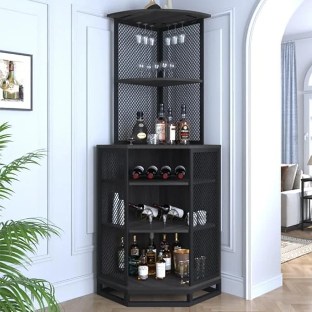 Tall Corner Bar Cabinet, Large Wood and Metal Liquor Cabinet with Wine Rack, Industrial Corner Wine Cabinet with Adjustble Shel