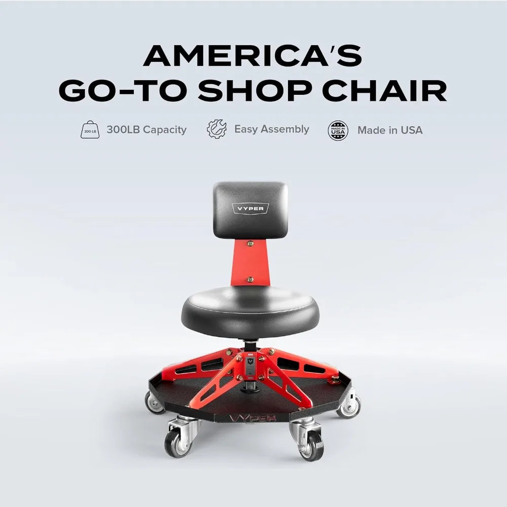 Steel Sport Shop Chair for Mechanics, Automotive, DIY - 300 lb Capacity Garage Stool with Backrest & Large Wheels