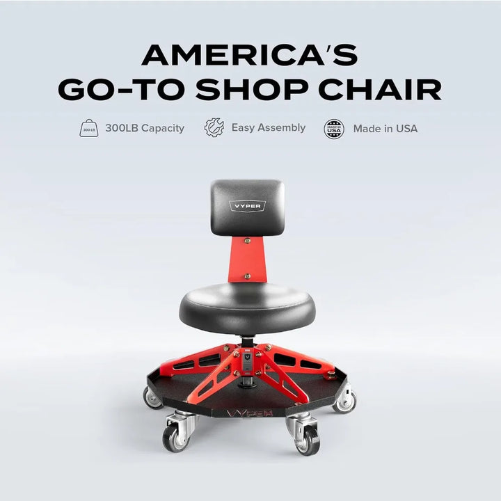Steel Sport Shop Chair for Mechanics, Automotive, DIY - 300 lb Capacity Garage Stool with Backrest & Large Wheels