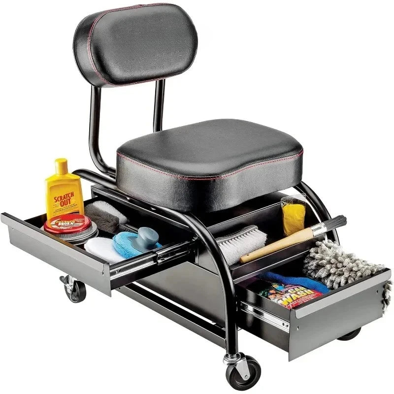 Professional Car Detailers Mechanics Roller Seat, Heavy Duty Garage Stool with Thick Padded Seat and Backrest,NEW