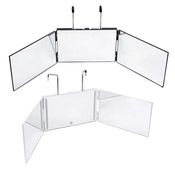 Rectangle trifold vanity mirror led lighted adjustable hair cutting  3 way salon hairstyling mirror for self hair cutting 360