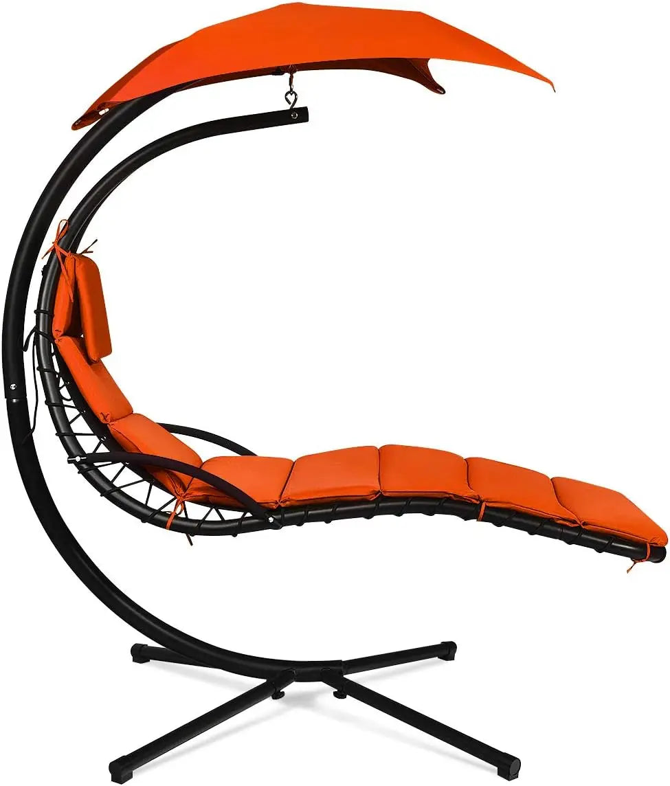 Hanging Chaise Lounger Chair, Arc Stand Porch Swing Chair W/Canopy, Cushion Built-in Pillow, Freestanding Swing Hammock Chair
