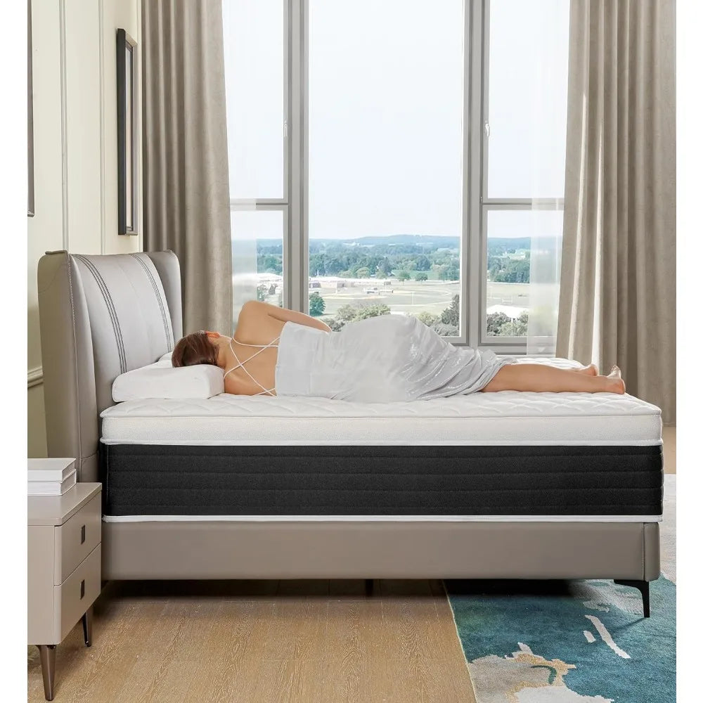 Queen Mattress,14 Inch Memory Foam and Innerspring Hybrid Mattress,14 inch Medium Firm Feel Queen Size Mattress in a Box, Pressu