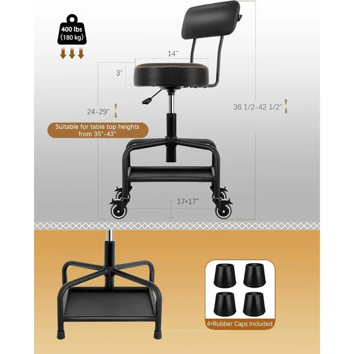 Stool with Lockable Rubber Wheels Adjustable Backrest Tool Tray Storage 400 lb Capacity Rolling Garage Stool (Black)