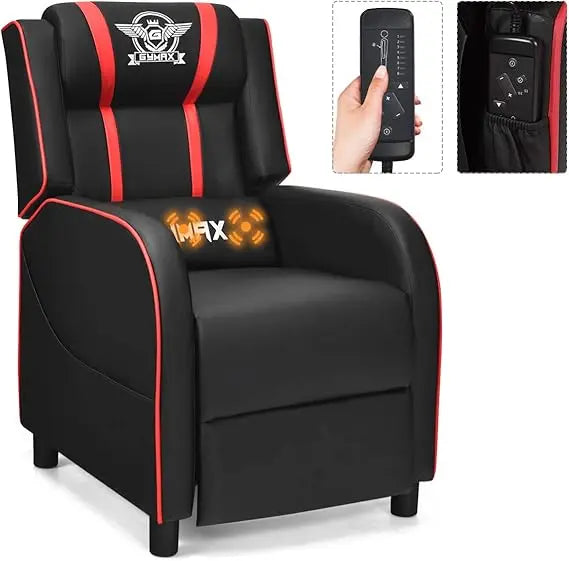 Gaming Recliner, Massage Gaming Chair w/Adjustable Footrest, Remote Control & Side Pocket, Ergonomic Game Lounge Chair, Racing