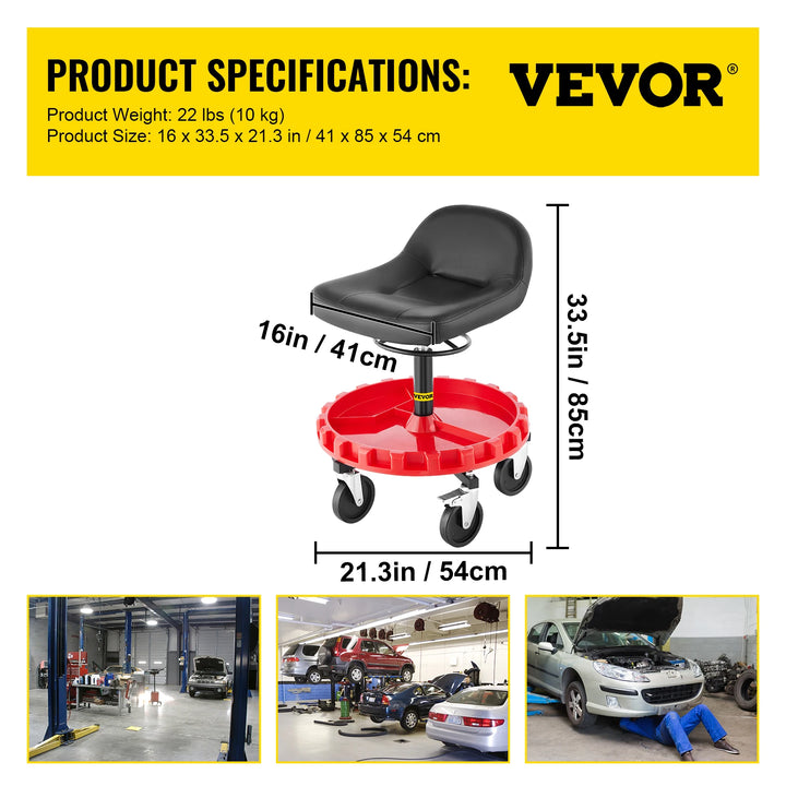 SucceBuy Rolling Garage Stool Car Detailing Stool Adjustable Height Mechanic Seat With Tool Tray Workshop Auto Repair Shop Stool