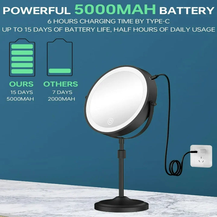 Adjustable Height Elegant Chrome Finish Lighted Vanity Mirror with 1X 10x Magnification, Dimmable Brightness, and Rechargeable 5