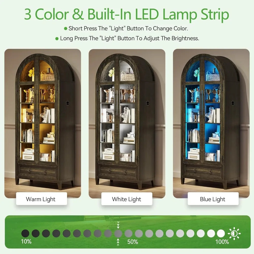Tall Arched Display Cabinet with Lights, 71" Bookcase with Adjustable Shelves, Modern Storage Organizers with Glass Door, Kitch