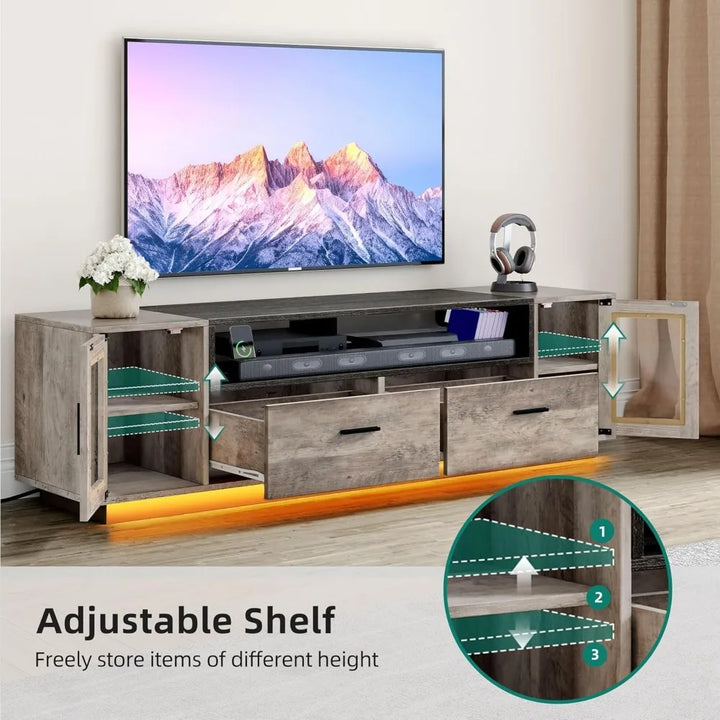 TV Stands for Living Room, Farmhouse TV Stand for 65/70 inch TV, LED TV Entertainment Center with Storage & Power Outlets, TV C