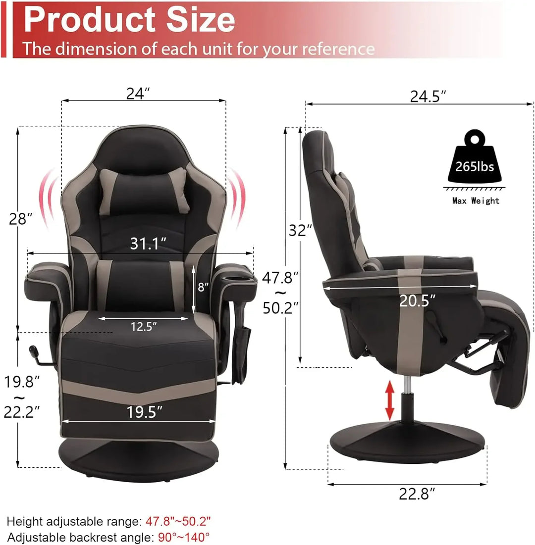 Massage Video Gaming Recliner Chair - Ergonomic Backrest & Seat Height Adjustment Swivel Recliner - PU Leather High Back