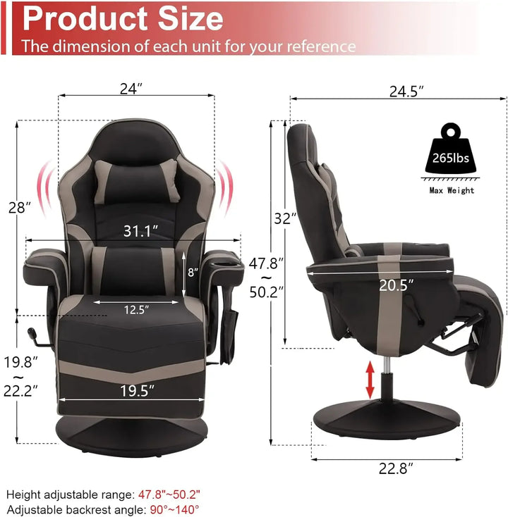Massage Video Gaming Recliner Chair - Ergonomic Backrest & Seat Height Adjustment Swivel Recliner - PU Leather High Back