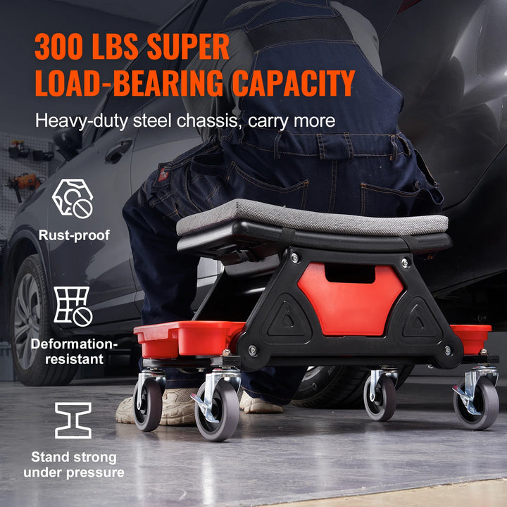 SucceBuy Rolling Mechanic Seat 300 LBS with Wheels Tool Trays Drawer Heavy Duty Roller Creeper Seat for Garage DIY Automotive