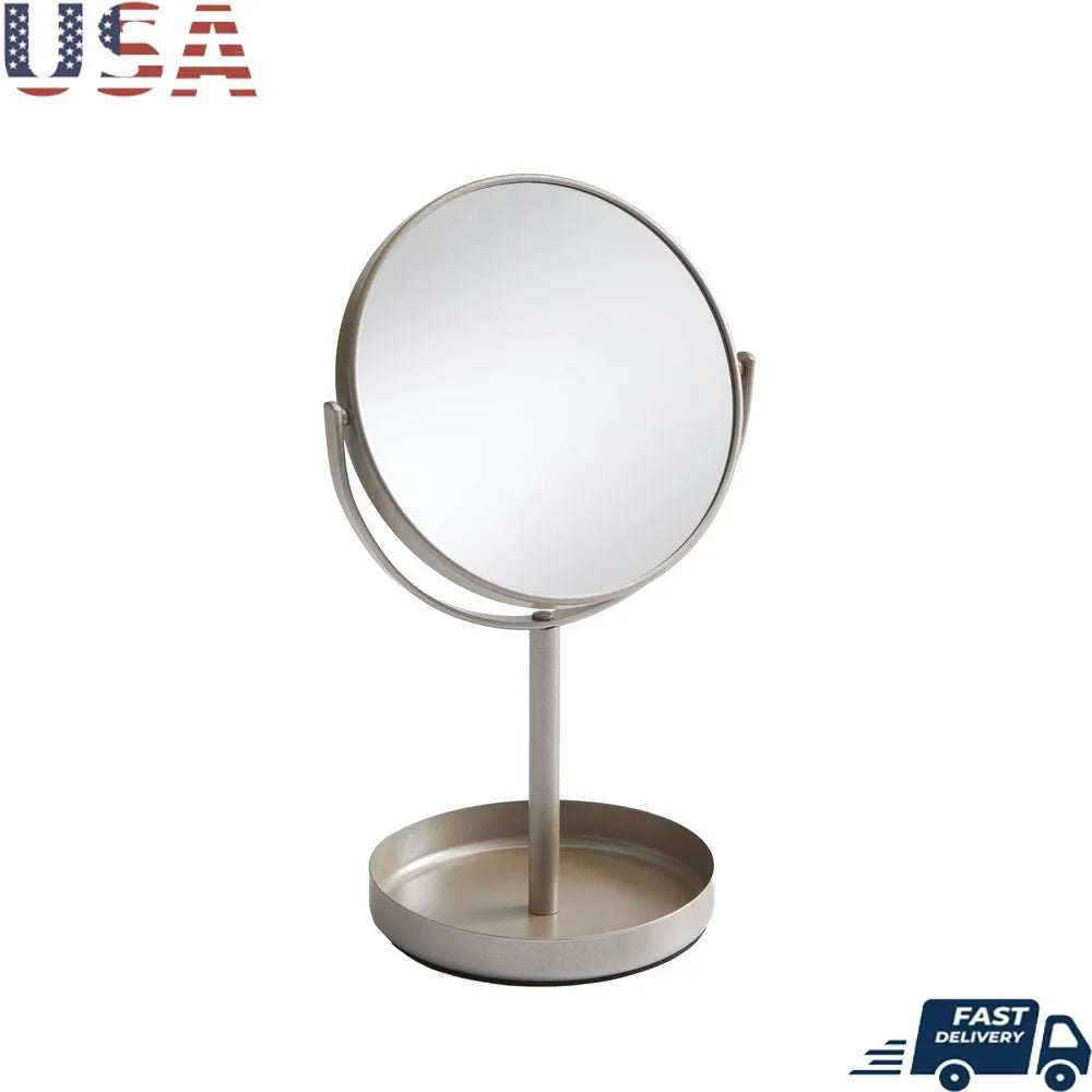 Satin Nickel Dual Sided Vanity Mirror 360 Degree Swivel Durable Metal Freestanding Magnifying Bathroom Makeup Cosmetic Makeup