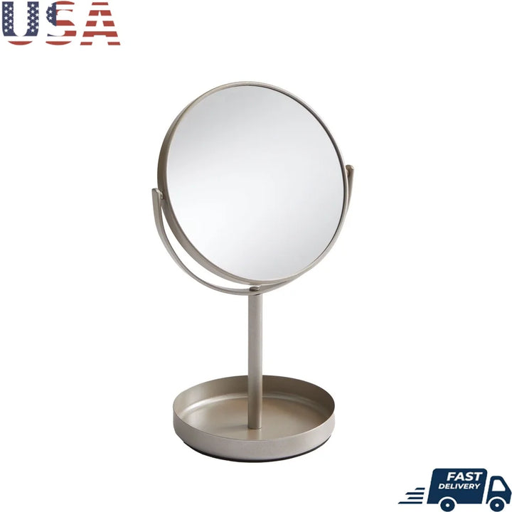 Satin Nickel Dual Sided Vanity Mirror 360 Degree Swivel Durable Metal Freestanding Magnifying Bathroom Makeup Cosmetic Makeup