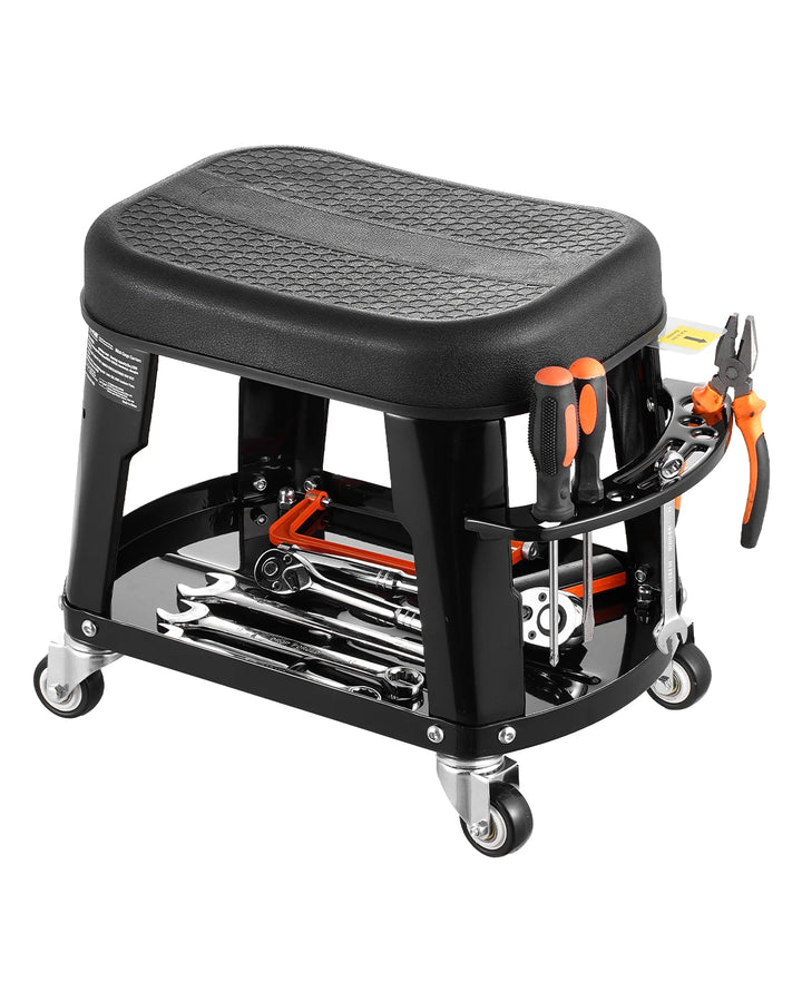 SucceBuy Mechanic Stool 300lbs Garage Seat with Wheels 360° Swivel Rolling Workshop Stool with Tool Tray for Garage, Shop Repair